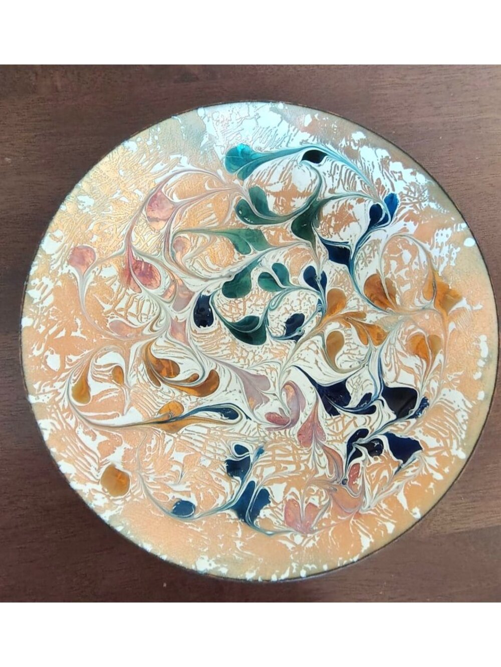 Signed Enamel Shallow Bowl, Paint Copper Swirl Design Vintage Metal Multicolor